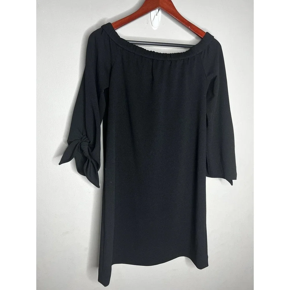Tibi Dress Women 4 Black Off Shoulder Bell Sleeve Tie Shift Mini LBD Chic Luxury